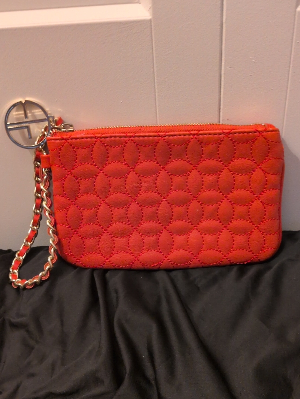 Gianni Bini Quilted Coral Wristlet Pouch with Chain Accent